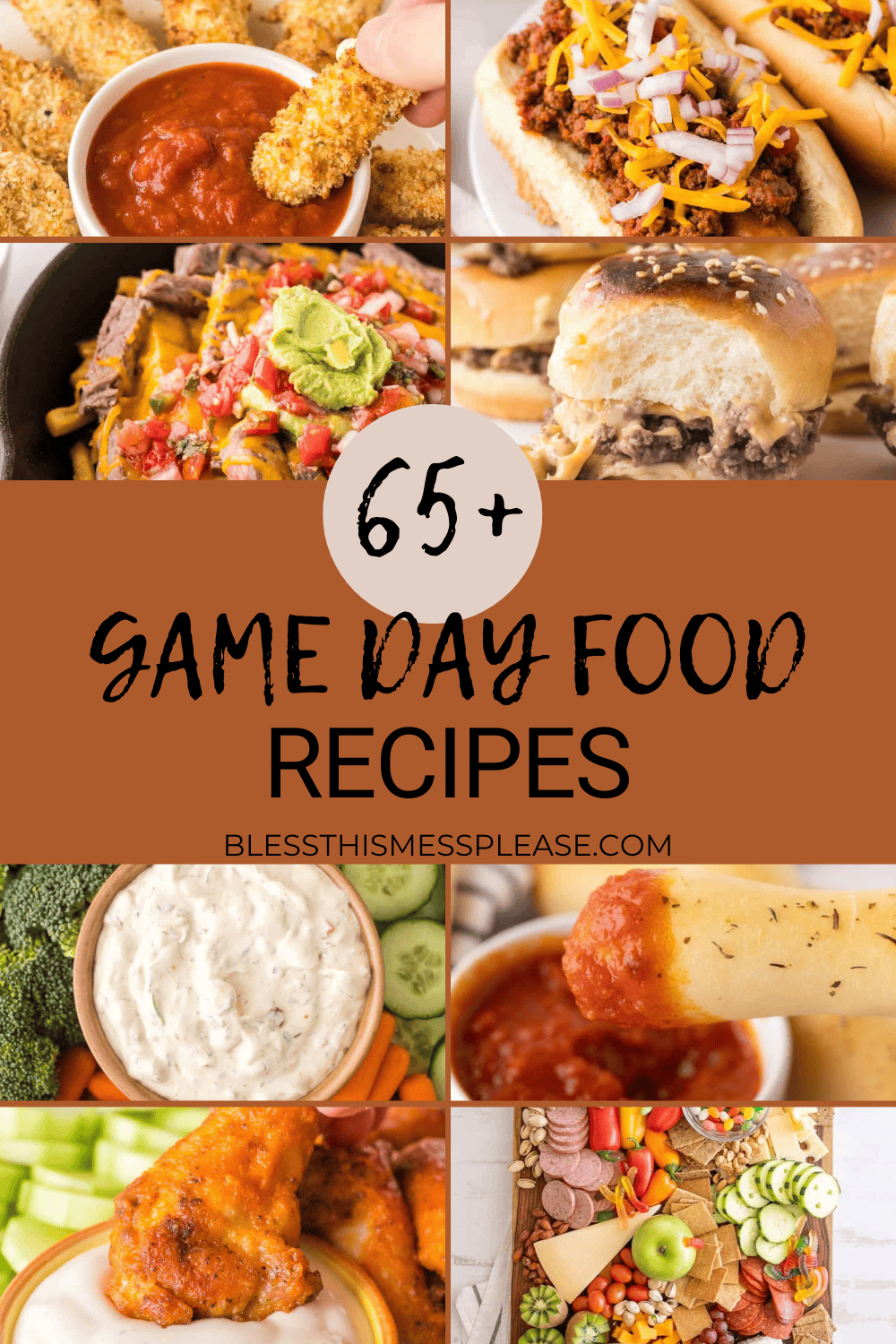 A collage of various foods—chicken tenders, chili dogs, loaded fries, sliders, raw veggies with dip, mozzarella sticks, chicken wings, and a charcuterie board—spotlights 65+ Same Day Game Day Food Recipes.