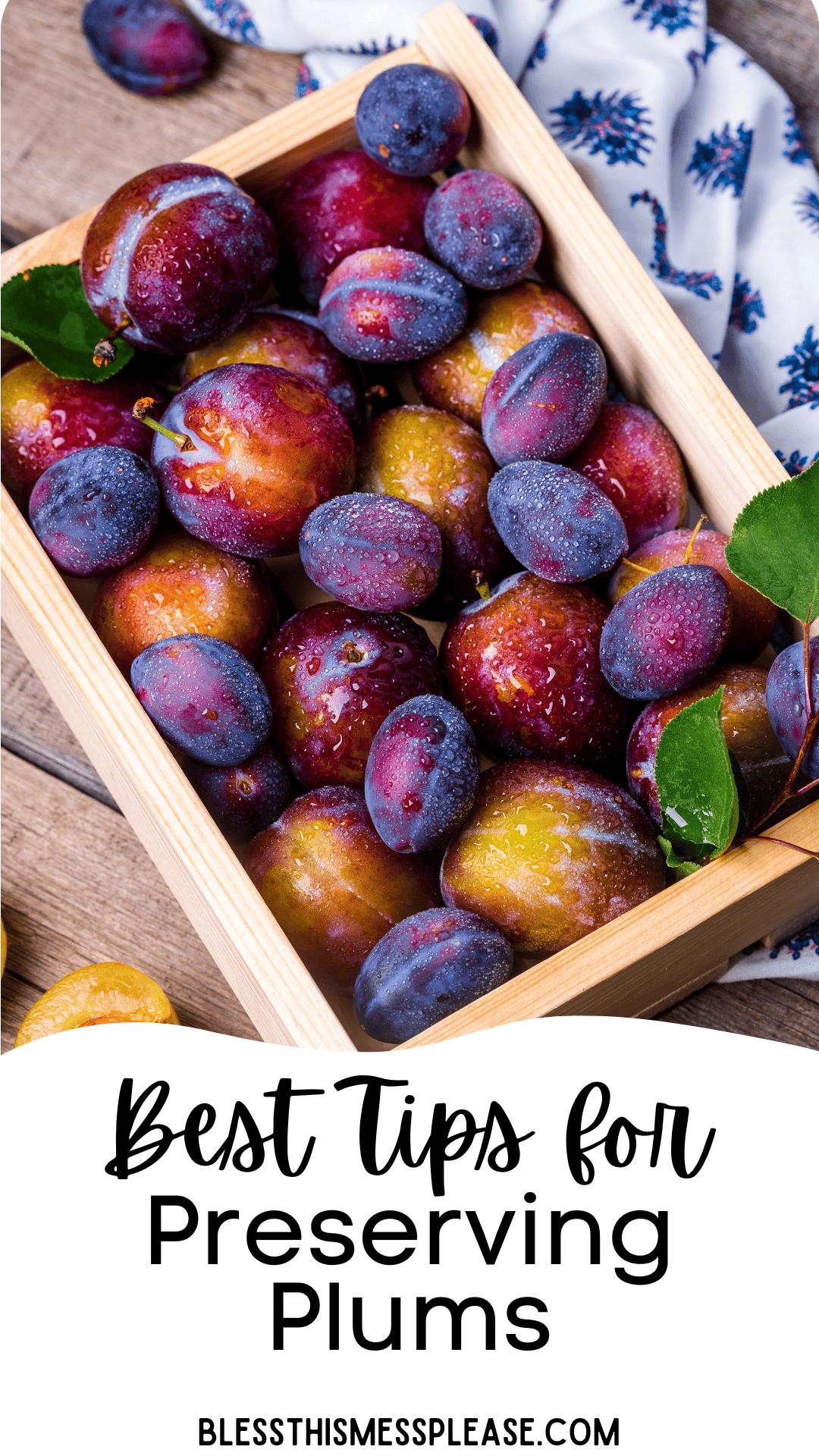 A wooden box filled with fresh plums in shades of purple, red, and yellow sits on a table. Text reads, Best Tips for How to Preserve Plums with the website blessthismessplease.com below.