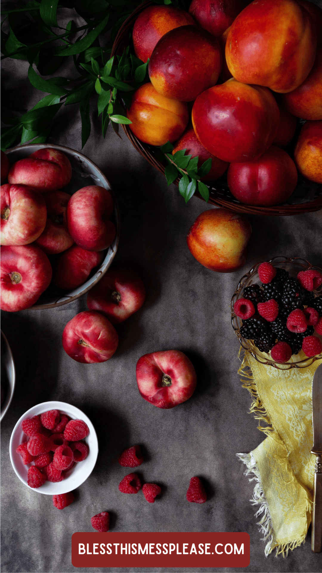A flat lay of various fresh fruits, including nectarines, peaches, raspberries, and blackberries on a dark surface, with a yellow cloth and a BLESSTHISMESSPLEASE.COM label at the bottom—perfect inspiration for learning how to preserve plums.