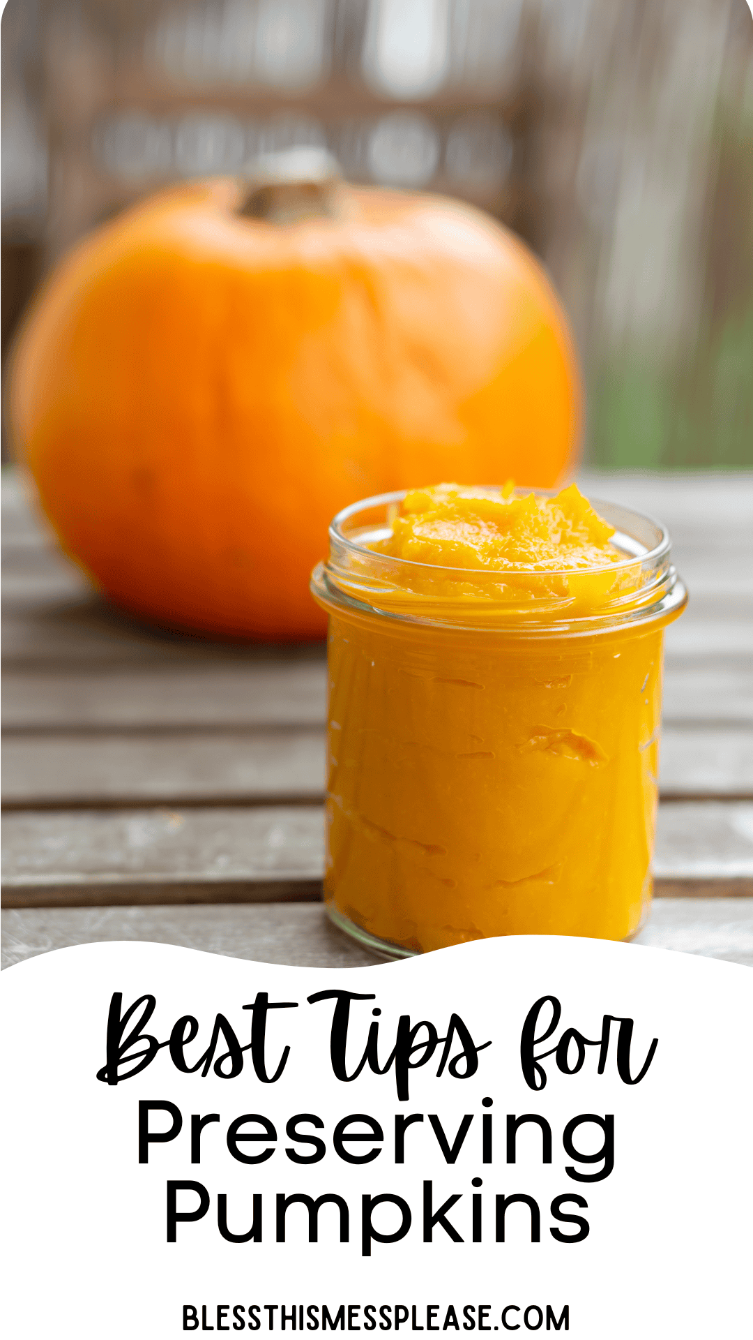 A jar of bright orange pumpkin puree sits on a wooden surface in front of a whole pumpkin, with the text Best Tips for How to Preserve Pumpkins and blessthismessplease.com at the bottom.