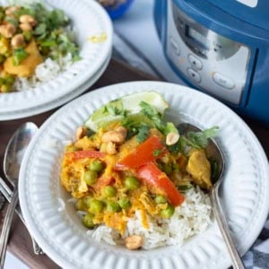 A plate of rice topped with chicken in yellow curry, vegetables, and peanuts, garnished with cilantro and lime, is served with a spoon. Another plate and a Crockpot slow cooker are visible in the background.
