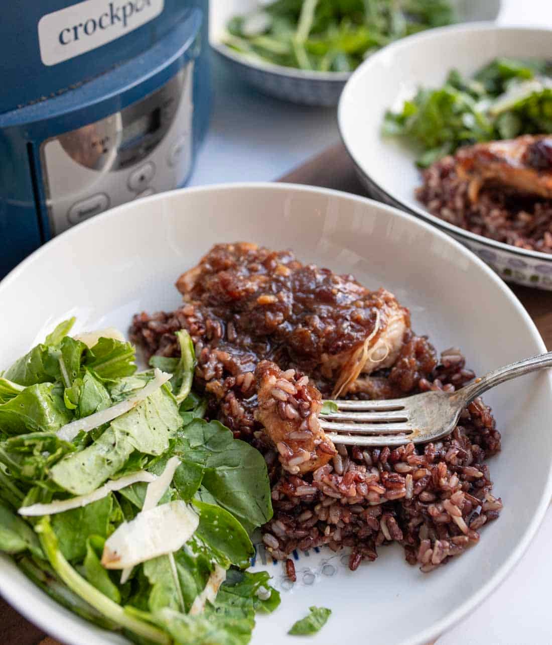 A plate with chicken covered in sauce served over rice, accompanied by a fresh green salad. A fork rests on the plate, and a crockpot and another bowl of salad are visible in the background.