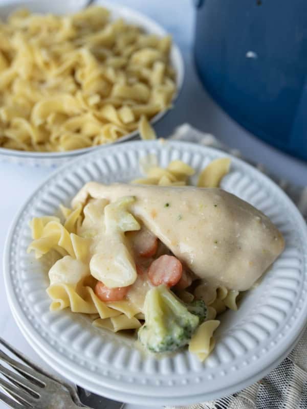 A white plate with cooked egg noodles topped with slow cooker creamy chicken, sliced carrots, broccoli, and cauliflower. In the background, a bowl of plain egg noodles and part of a blue pot are visible.