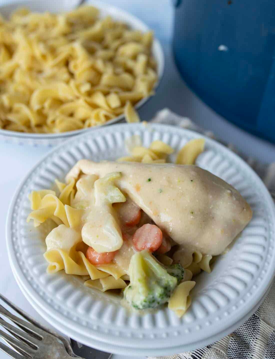 A white plate with cooked egg noodles topped with slow cooker creamy chicken, sliced carrots, broccoli, and cauliflower. In the background, a bowl of plain egg noodles and part of a blue pot are visible.