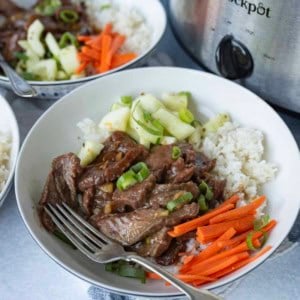 A bowl of white rice topped with sliced beef, julienned carrots, cucumber salad, and green onions sits next to a Crockpot, with a fork resting in the bowl.