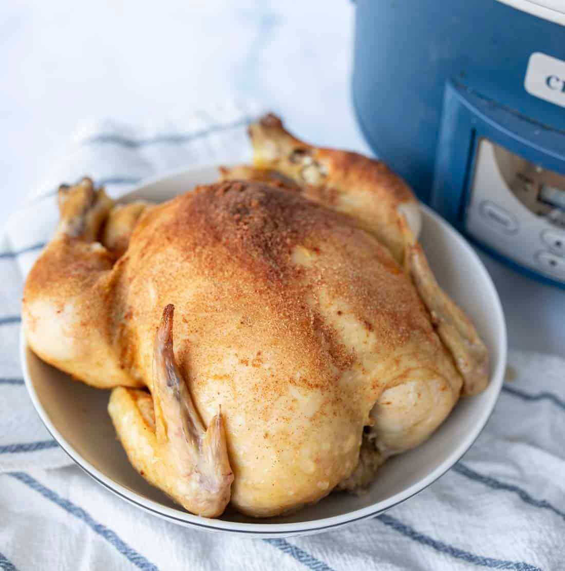 A slow cooker whole chicken seasoned with spices sits in a white bowl on a striped towel, with part of a blue slow cooker visible in the background.