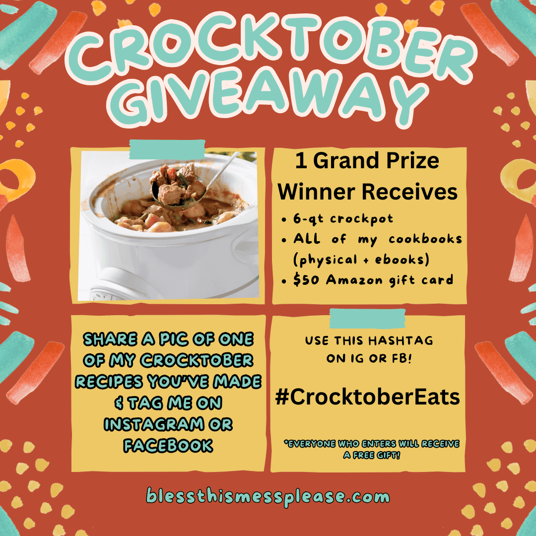 Colorful crocktober giveaway graphic with bold “CROCKTOBER GIVEAWAY” text, a crockpot of stew, prize details (6-qt crockpot, cookbooks, $50 Amazon card), entry steps, and #CrocktoberEats on a vibrant teal and orange background.