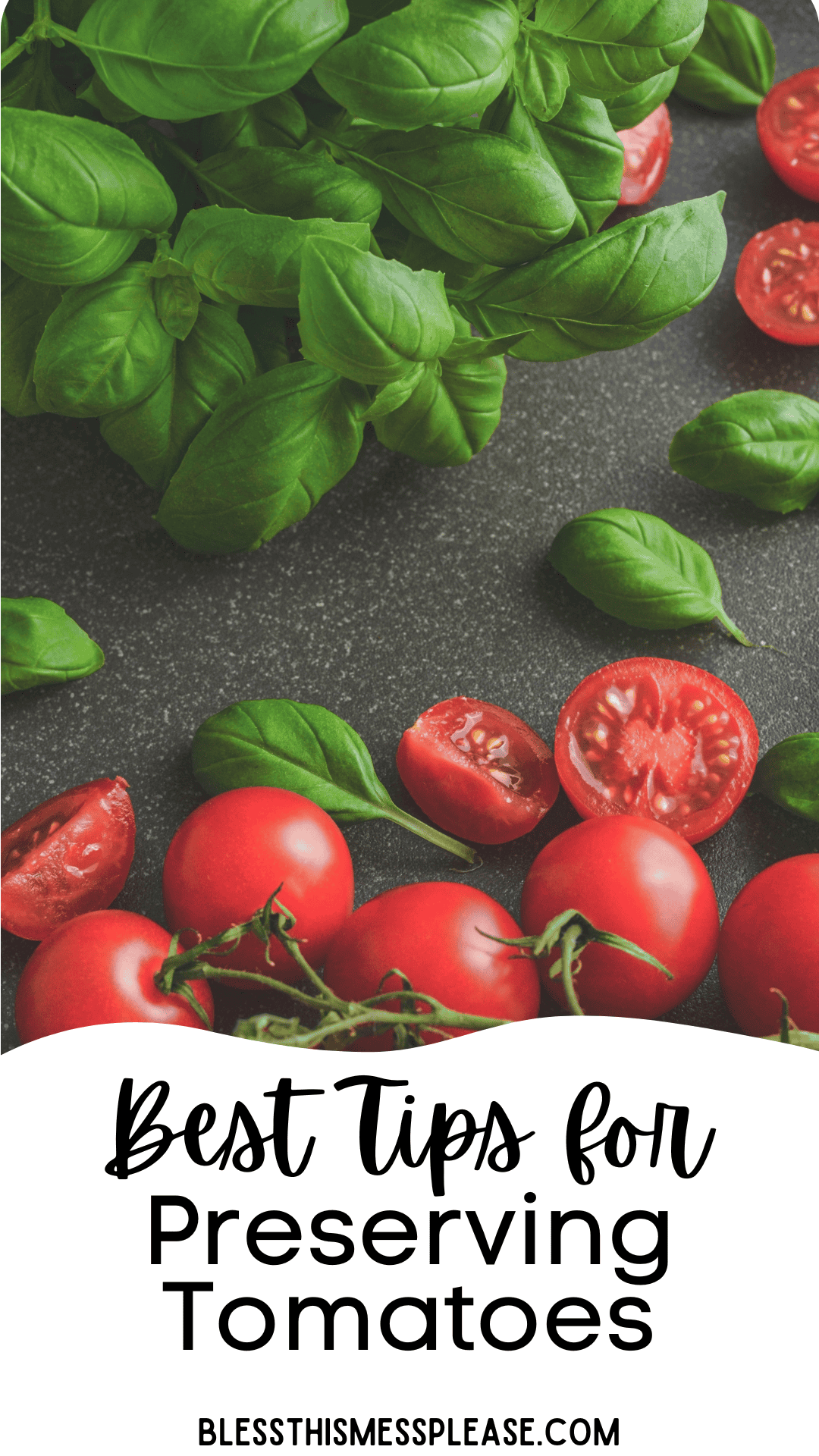 A bunch of fresh basil leaves and vine tomatoes, some sliced in half, are arranged on a dark surface. Text at the bottom reads, “Best Tips for How to Preserve Tomatoes. blessthismessplease.com.”.