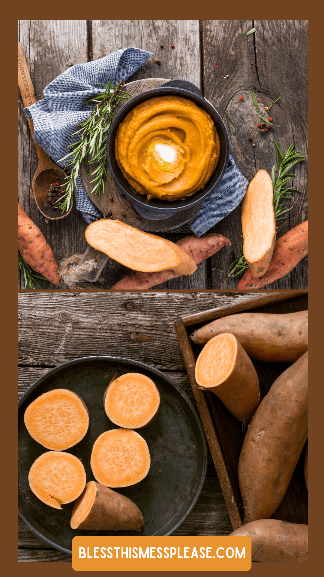 A bowl of creamy sweet potato soup garnished with herbs sits on a wooden table with fresh sweet potatoes, slices, and a towel; whole and sliced sweet potatoes—perfect for learning how to preserve sweet potatoes—are displayed below.