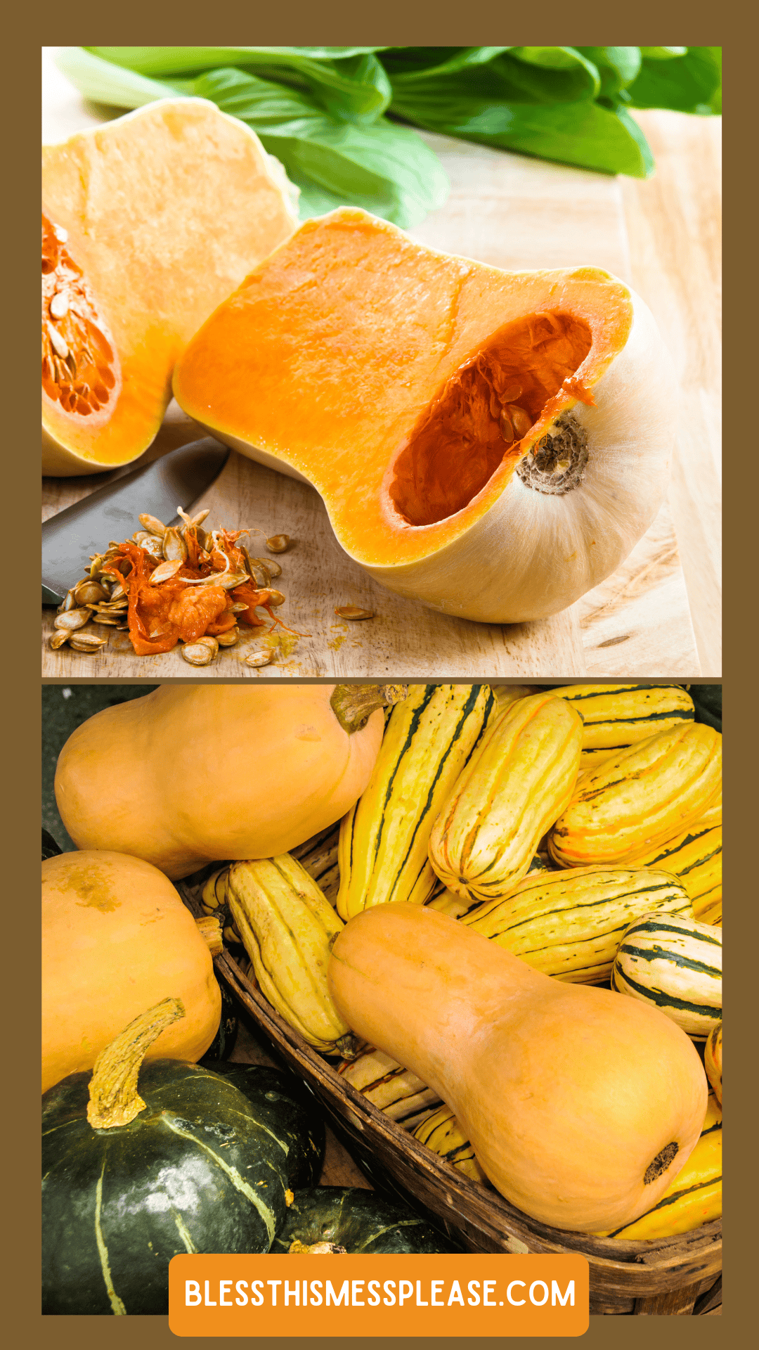 Sliced and whole butternut squash are displayed on a cutting board and in a basket alongside other squash varieties, perfect for learning how to preserve winter squash. The text at the bottom reads BLESSTHISMESSPLEASE.COM.