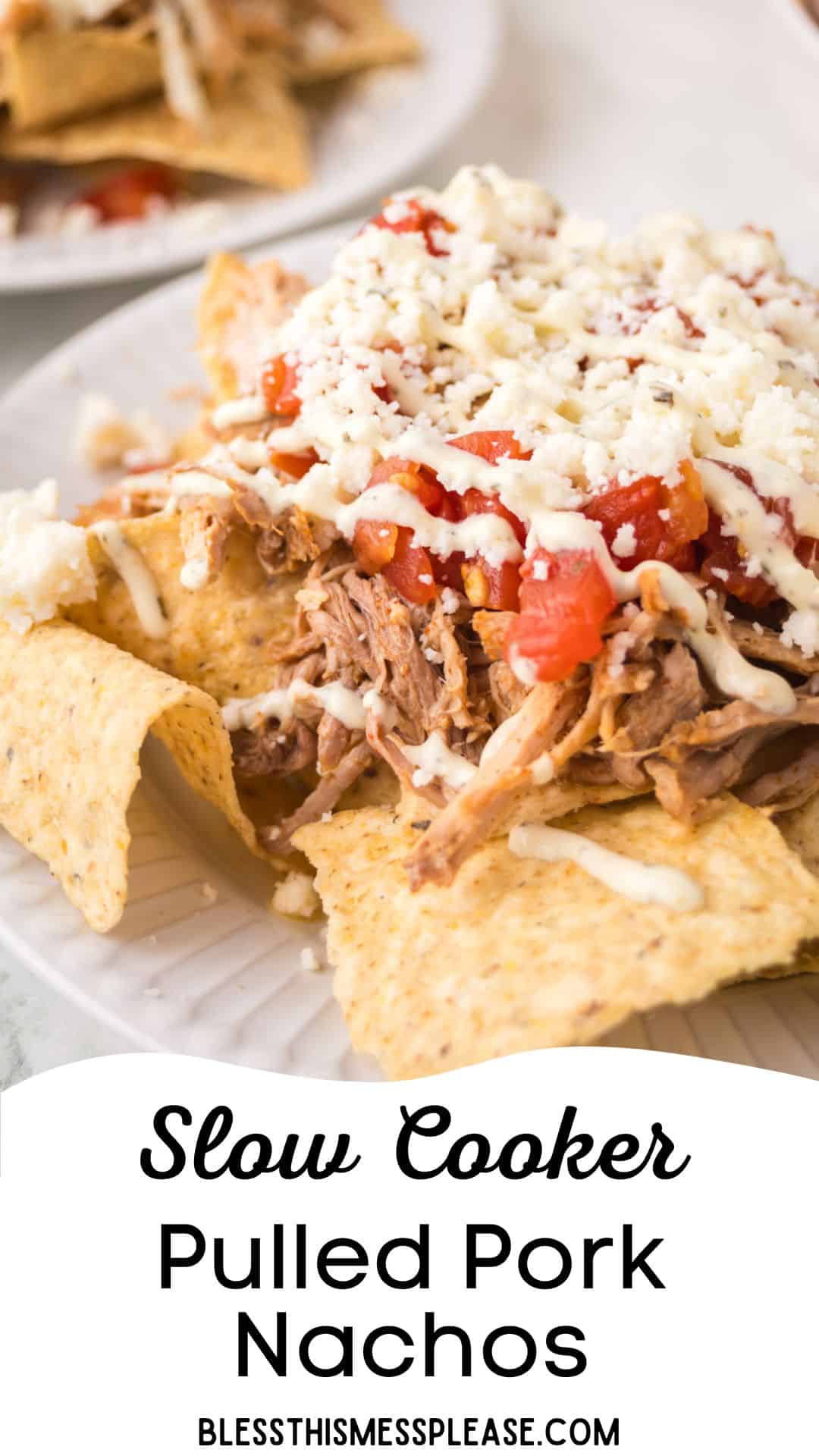 A plate of tortilla chips topped with pulled pork, salsa, and crumbled cheese, styled as delicious pulled pork nachos. Text on the image reads: Slow Cooker Pulled Pork Nachos blessthismessplease.com.