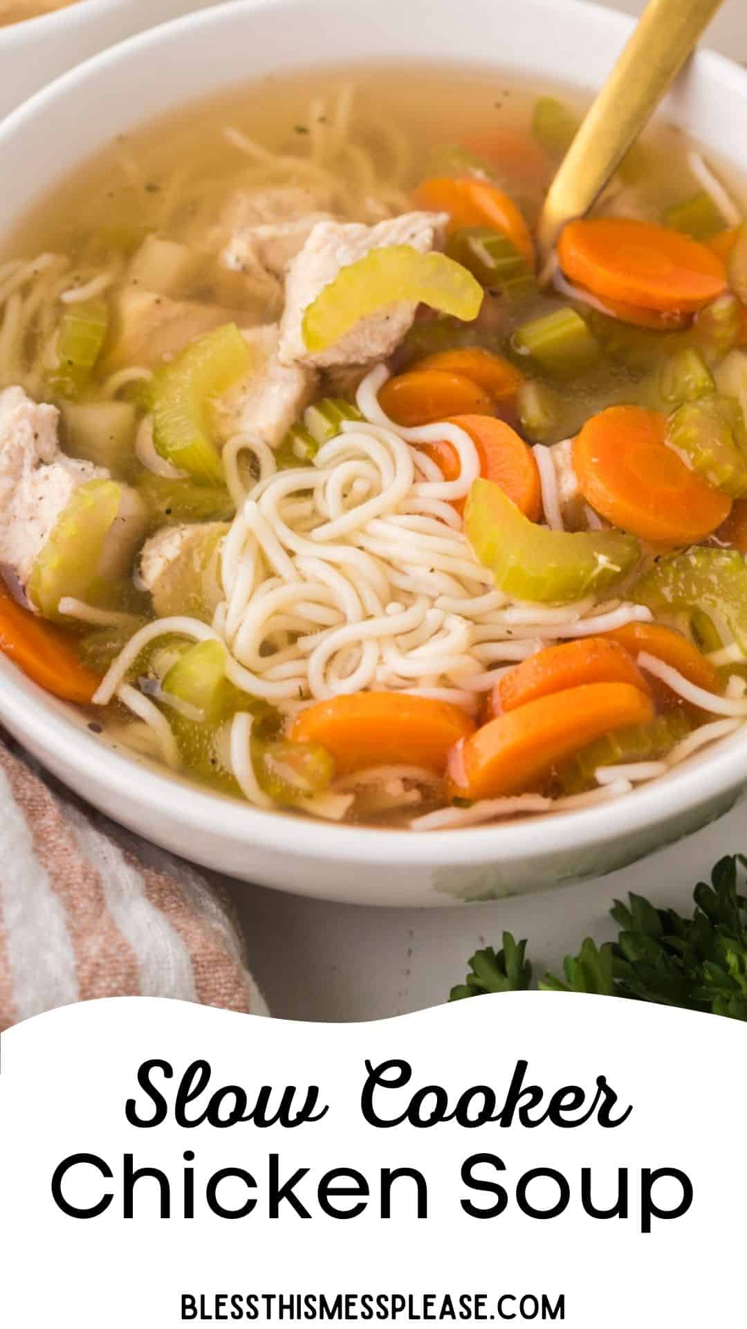 A bowl of slow cooker chicken soup with noodles, sliced carrots, celery, and tender chicken pieces is served with a gold spoon. The text reads “Slow Cooker Chicken Soup” and “blessthismessplease.com.”.