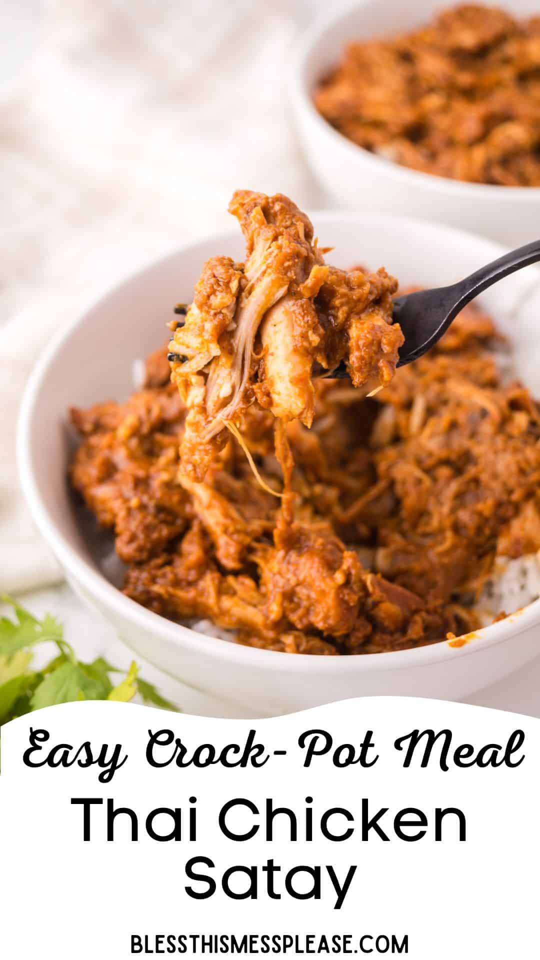 Close-up of a bowl filled with shredded Thai chicken satay in a rich, brown sauce. A fork lifts a portion of the chicken. Text reads: Easy Crock-Pot Meal, Thai Chicken Satay Recipe, blessthismessplease.com.