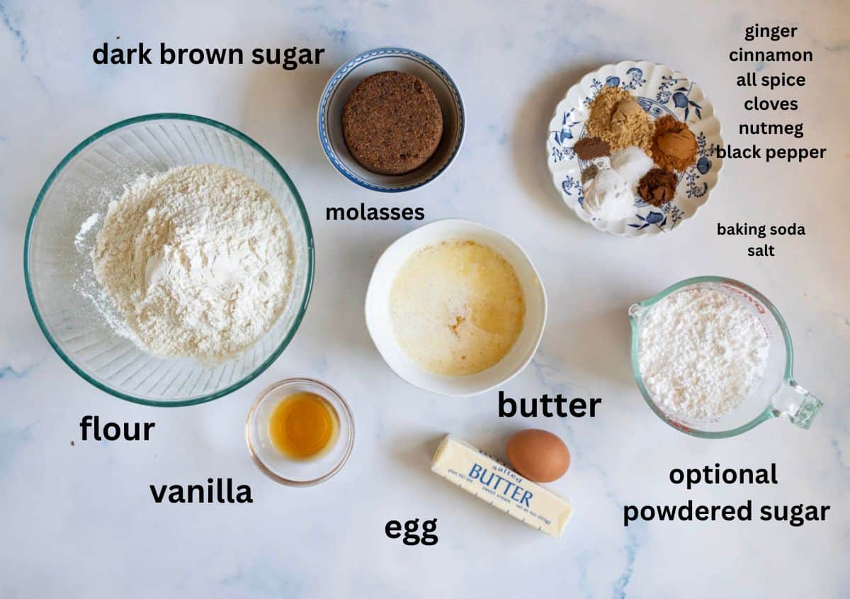 Baking ingredients on a white surface, including bowls of flour, dark brown sugar, molasses, melted butter, powdered sugar, and spices, plus a small dish of vanilla extract and a whole egg with a stick of butter for gingerbread cookie bars.