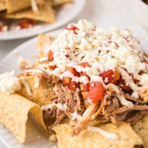 A plate of pulled pork nachos topped with diced tomatoes, melted cheese, and drizzled with a white sauce, served on a white plate. Another plate of nachos is visible in the background.