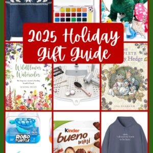 A collage of holiday gift ideas, including a sweater, watercolor set, plush dinosaur, craft kits, books, toy turtles, and chocolates, with 2025 Holiday Gift Guide in bold red text at the center.