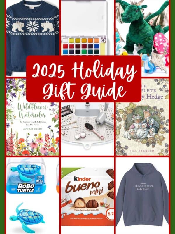 A collage of holiday gift ideas, including a sweater, watercolor set, plush dinosaur, craft kits, books, toy turtles, and chocolates, with 2025 Holiday Gift Guide in bold red text at the center.