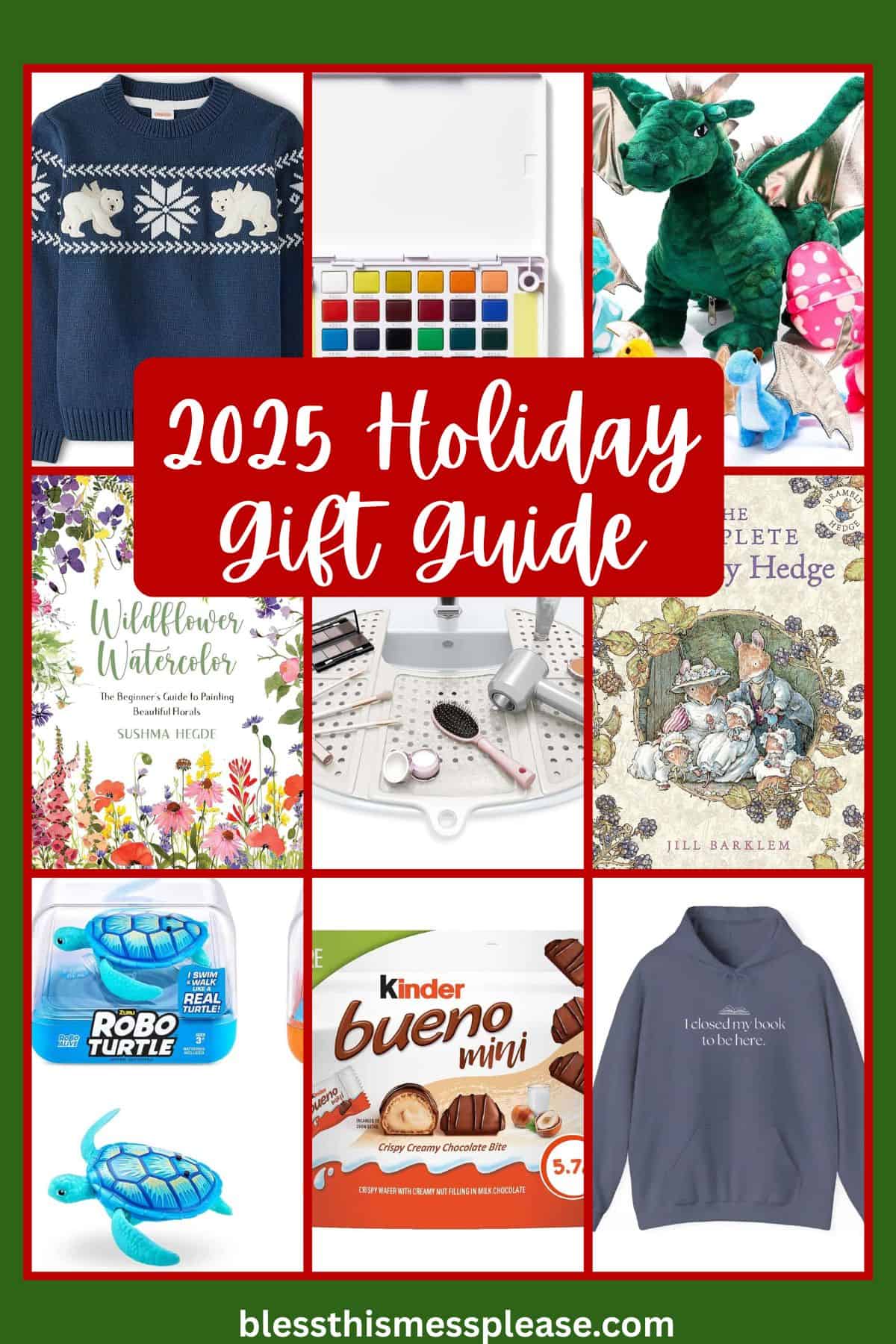 A collage of holiday gift ideas, including a sweater, watercolor set, plush dinosaur, craft kits, books, toy turtles, and chocolates, with 2025 Holiday Gift Guide in bold red text at the center.