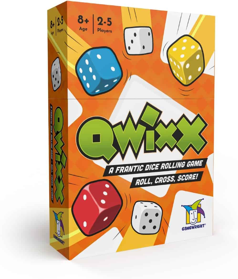 The box for the game Qwixx features colorful dice flying against an orange background. The text reads, Qwixx: A frantic dice rolling game. Roll, cross, score! For ages 8+, 2-5 players.