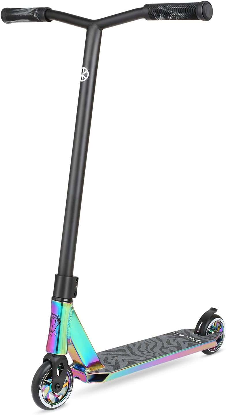 A freestyle stunt scooter with a black handlebar and a metallic rainbow-colored deck and wheels, shown at a slight angle on a white background.