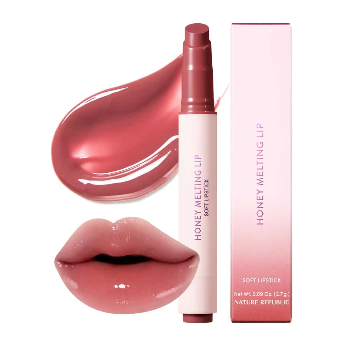 A pink Nature Republic Honey Melting Lip soft lipstick with its packaging, a lipstick smear, and glossy pink lips showing the product’s color and shine.