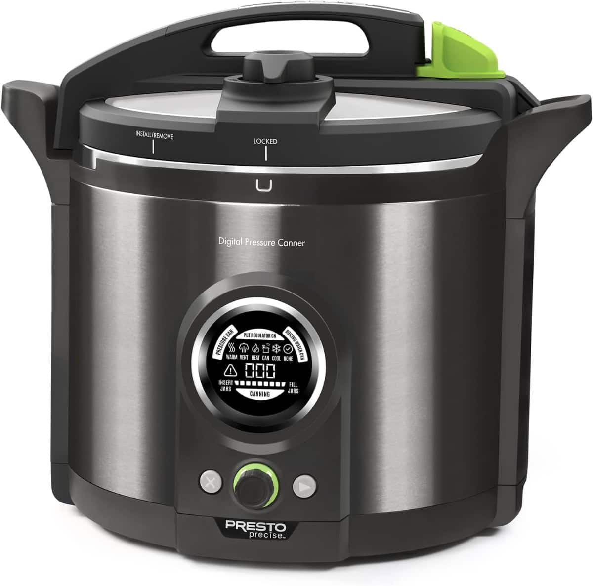 A black and silver digital pressure cooker with a circular LCD display, control knob, and green accents on the handle and release valve. The display shows cooking modes and timer settings.