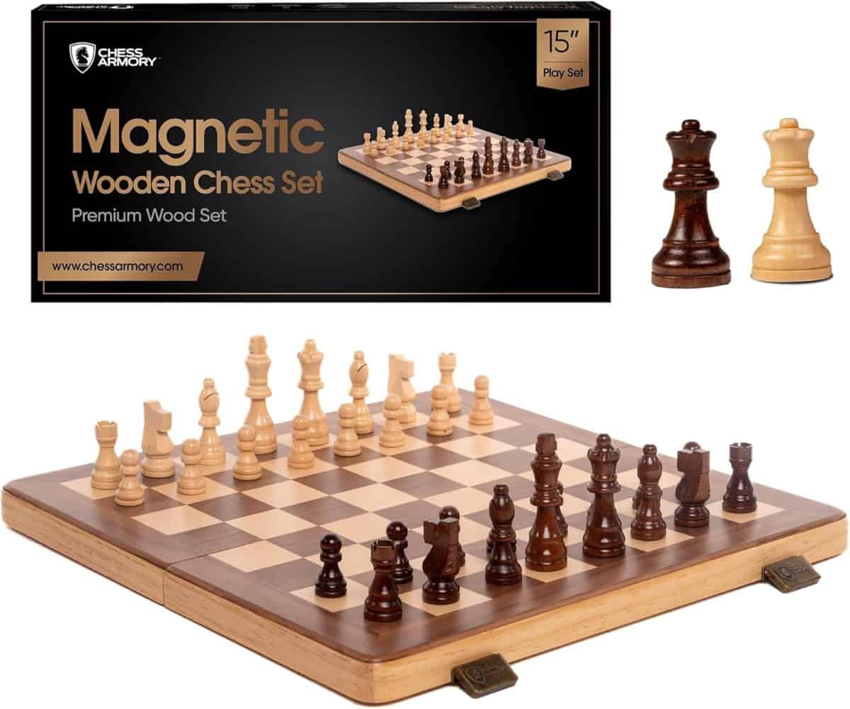 A magnetic wooden chess set is shown with dark and light pieces on a wooden board. The packaging box displays the set, and a king and queen chess piece stand separately beside it. The board measures 15 inches.