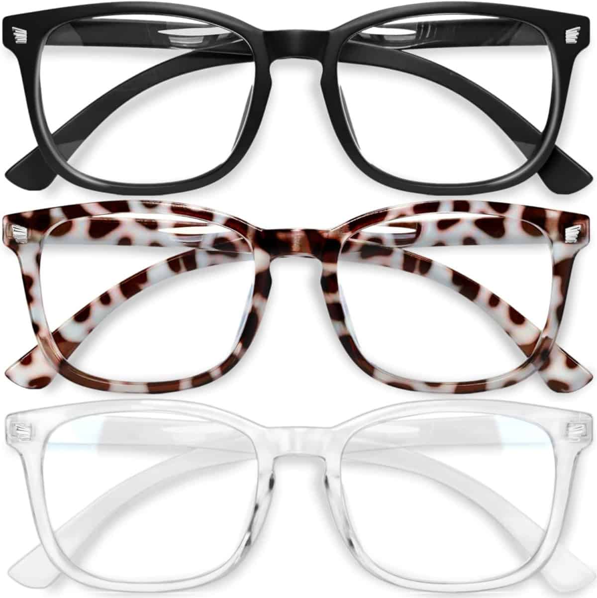 Three pairs of eyeglasses are shown: the top frame is solid black, the middle frame has a brown and white tortoiseshell pattern, and the bottom frame is clear, all displayed against a white background.