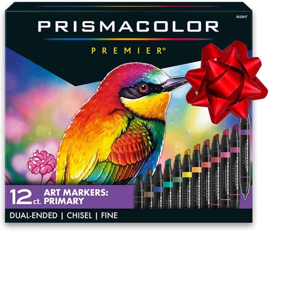 A box of Prismacolor Premier 12-count primary art markers, featuring a vibrant, colorful bird illustration on the front and a red gift bow in the top right corner. Markers are shown in a row at the bottom.