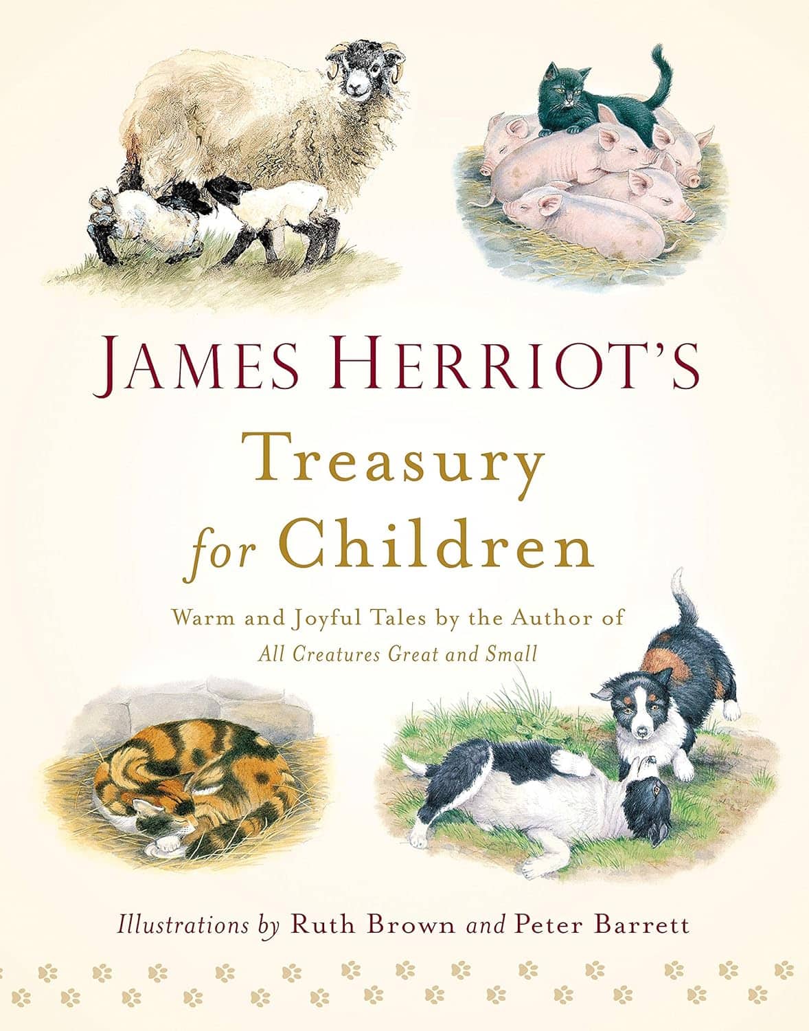 Book cover for James Herriot’s Treasury for Children featuring illustrations of a sheep with lamb, a group of piglets, a curled-up cat, and two playful puppies on grass. Illustrations by Ruth Brown and Peter Barrett.
