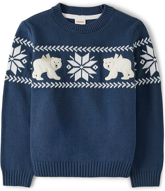 A navy blue knitted sweater featuring two white polar bears and two large snowflake patterns across the chest, with white geometric accents on the sleeves and chest.