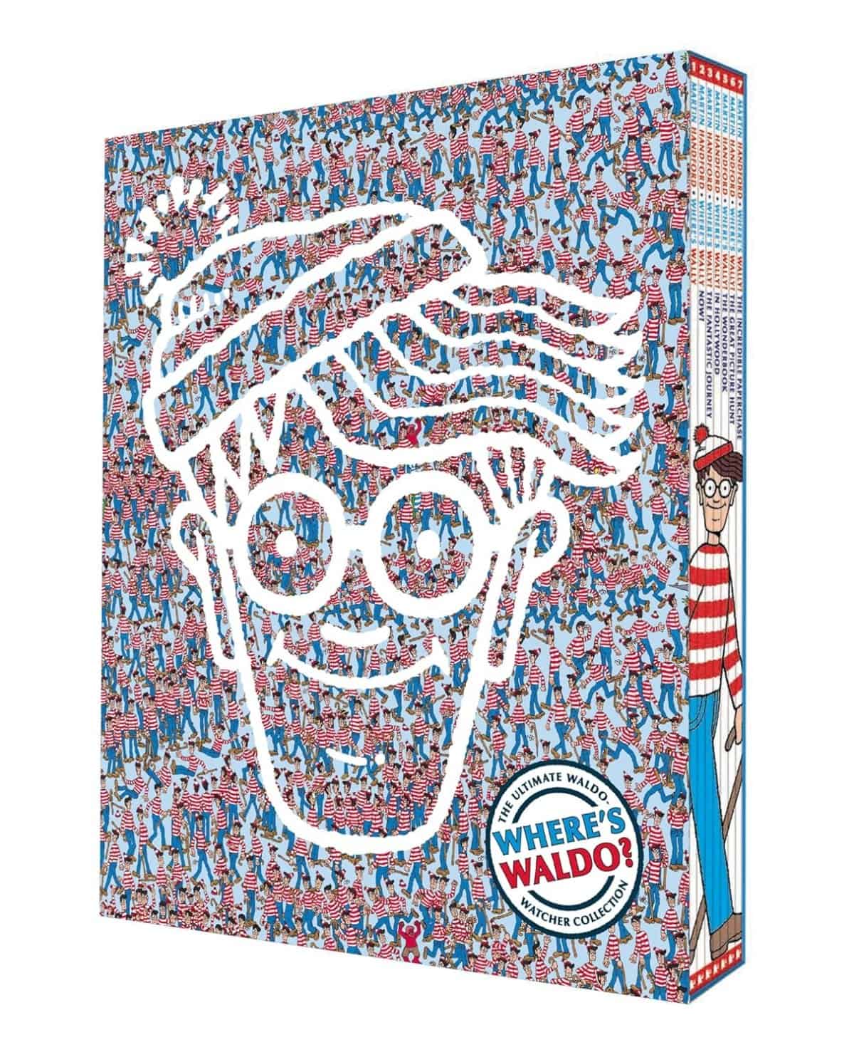 A box set of Where’s Waldo? books featuring a crowd scene with tiny illustrated people and a large white outline of Waldos face. The box shows a cartoon of Waldo in red and white stripes on the side.