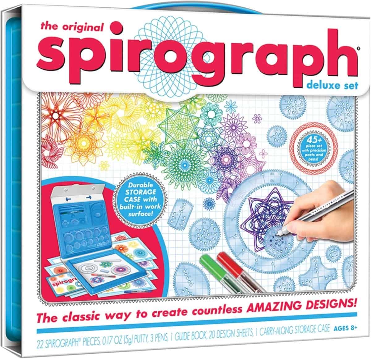 Spirograph Deluxe Set box featuring colorful geometric designs, two markers, circular drawing tools, and a blue storage case; labeled for ages 8+ and promotes creating endless spiral patterns.