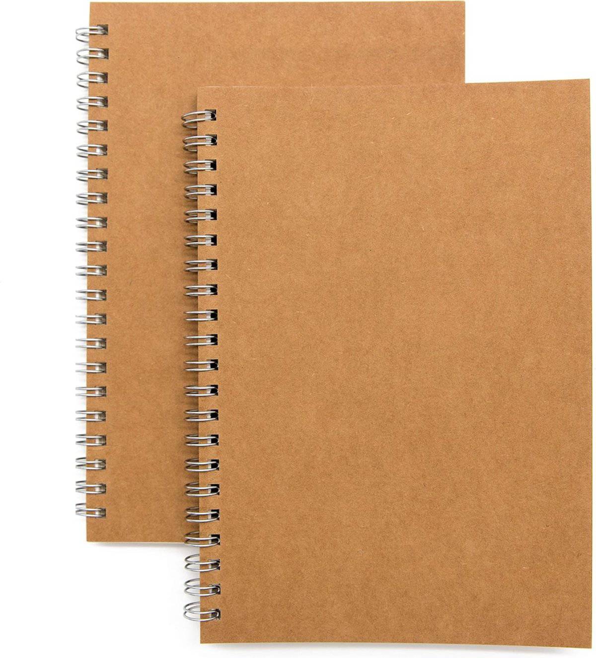 Two plain, brown, spiral-bound notebooks stacked slightly offset on a white background. The notebooks have kraft paper covers and silver-colored wire bindings on the left side.