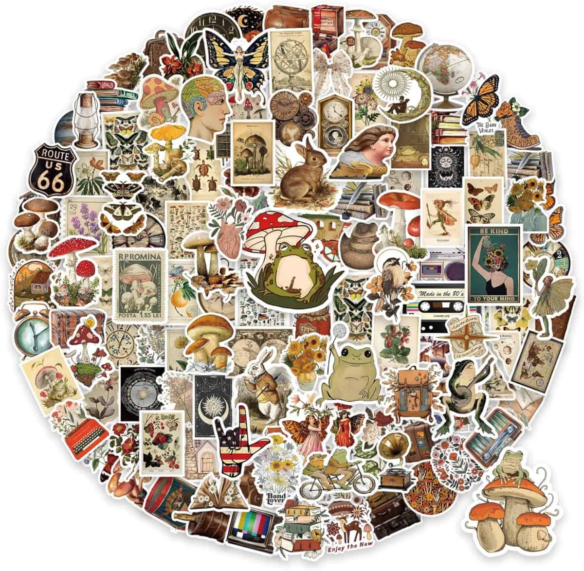 A circular collage of assorted vintage-style stickers, featuring mushrooms, animals, flowers, butterflies, retro objects, portraits, and old-fashioned illustrations in various colors and intricate designs.