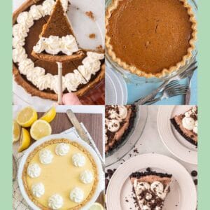 A collage of four different pies—perfect christmas pies—including pumpkin, chocolate with whipped cream, lemon with lemon slices and whipped cream, and a slice being served. The website blessthismessplease.com appears at the bottom.