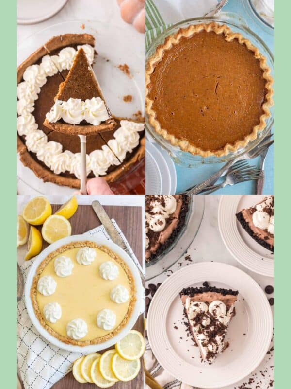 A collage of four different pies—perfect christmas pies—including pumpkin, chocolate with whipped cream, lemon with lemon slices and whipped cream, and a slice being served. The website blessthismessplease.com appears at the bottom.