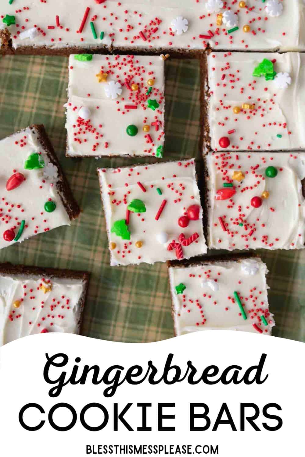 Nine gingerbread bars with white frosting and colorful holiday-themed sprinkles are arranged on a plaid surface. The text at the bottom reads, Gingerbread Cookie Bars, blessthismessplease.com.