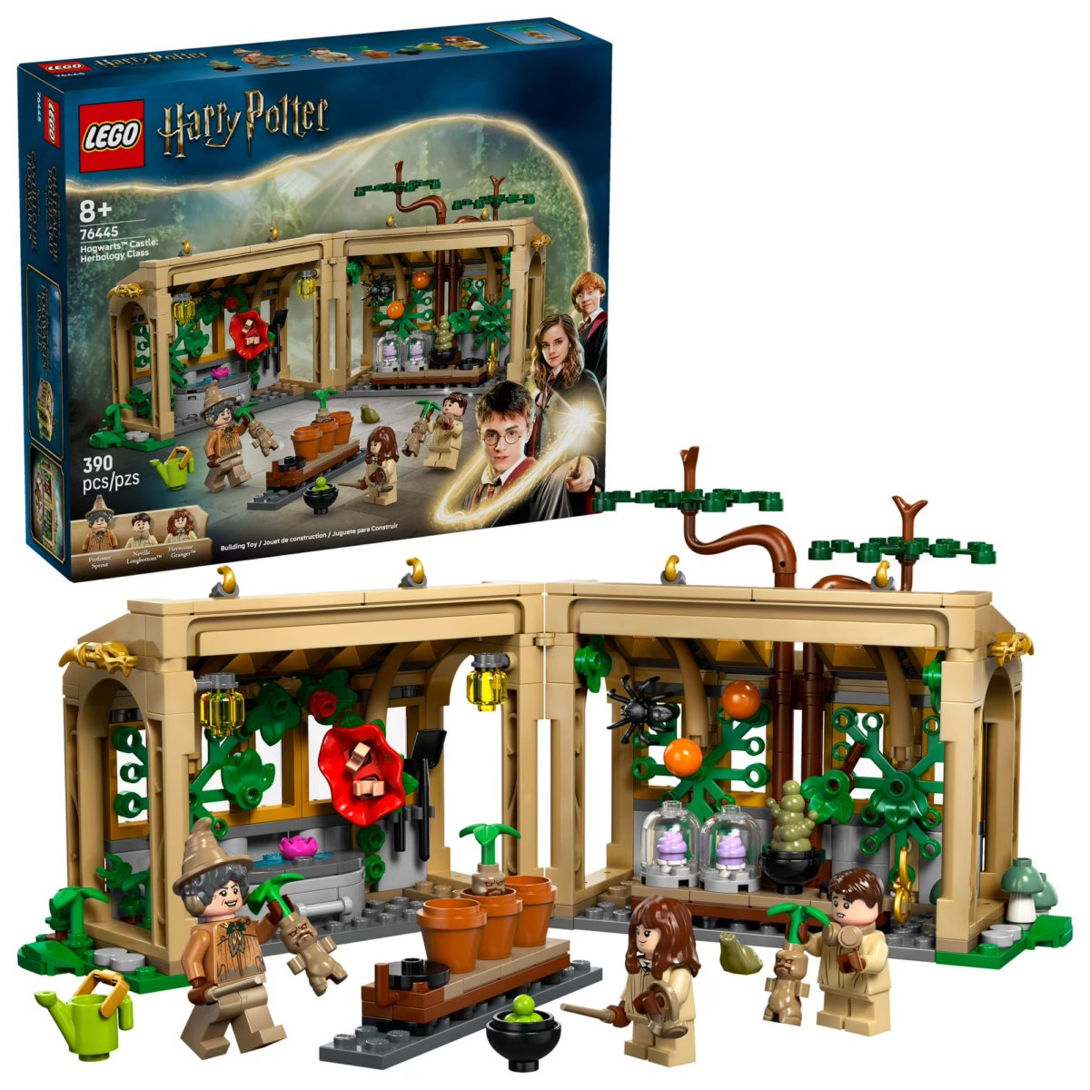 LEGO Harry Potter Herbology Classroom set with 370 pieces, featuring a greenhouse scene, minifigures, potted plants, gardening tools, and magical accessories. The set’s box is shown in the background.