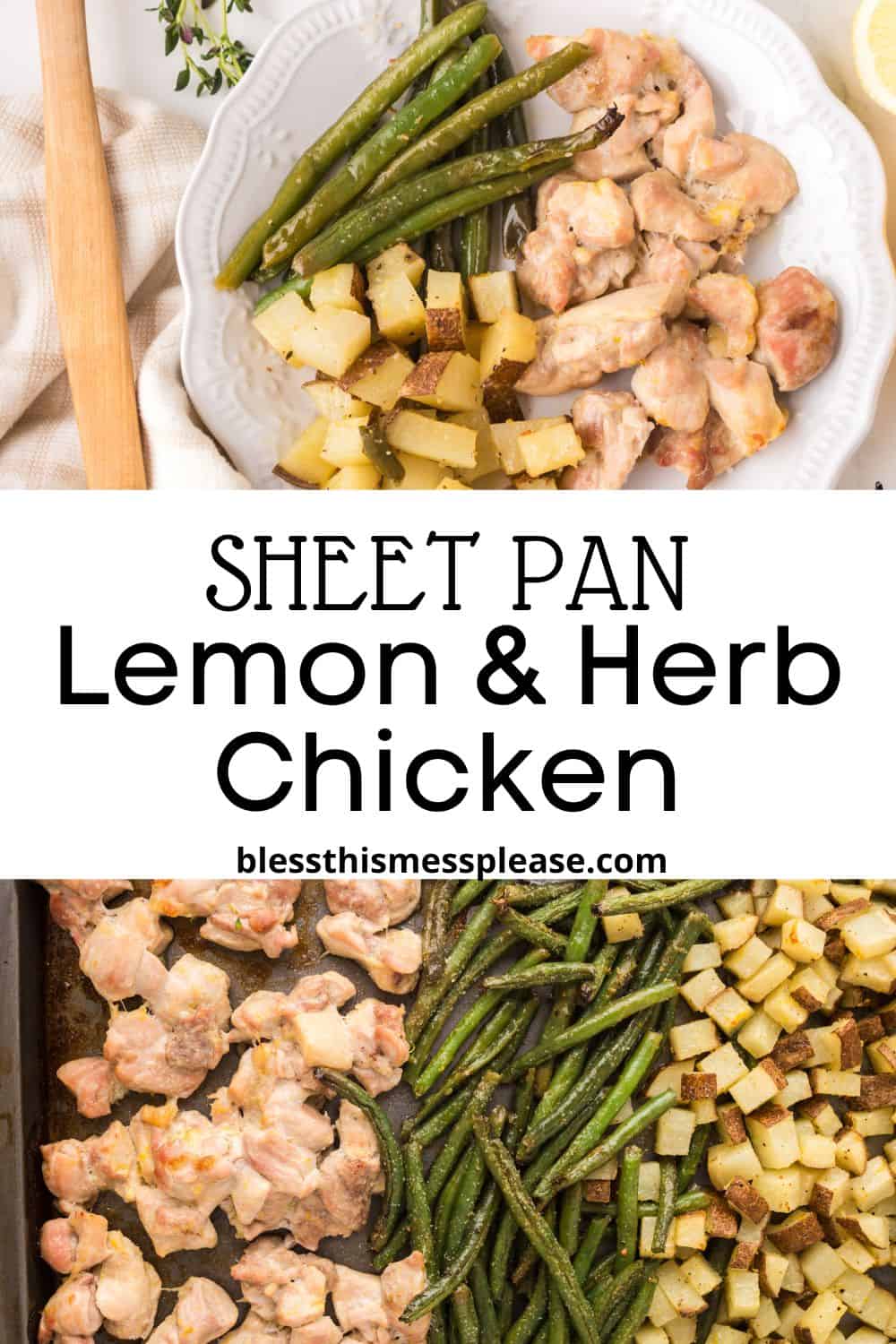 Overhead view of a sheet pan with lemon and herb chicken, roasted green beans, and diced potatoes on a white plate, with text that reads Sheet Pan Lemon & Herb Chicken blesthismessplease.com.