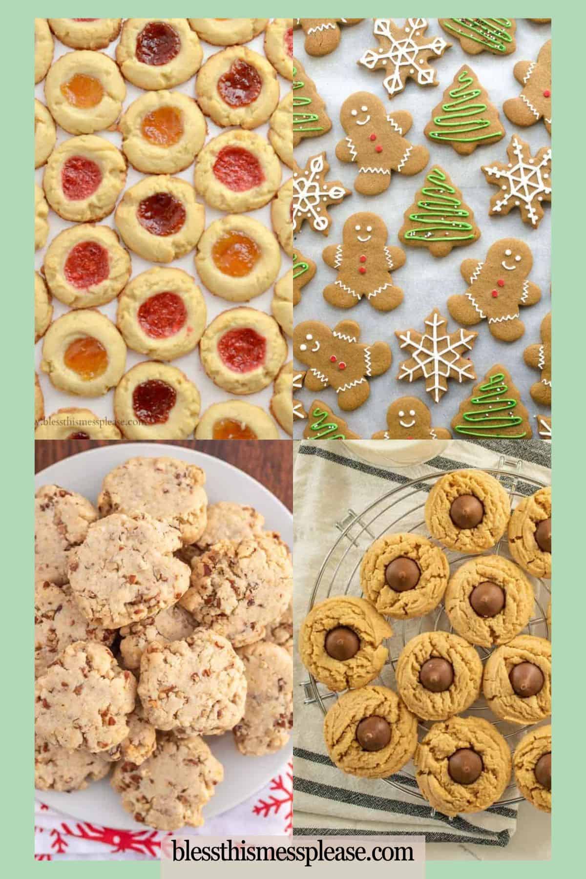 A collage of four types of Christmas cookies: thumbprint cookies with jam, decorated gingerbread cookies, pecan cookies, and peanut butter blossom cookies topped with chocolate kisses.
