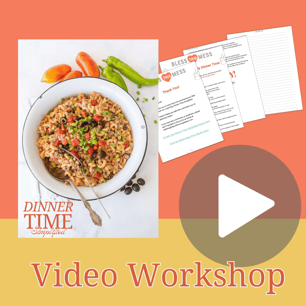 Dinner Time Simplified workbook with a photo of a rice dish, workshop handouts, and a large play button icon labeled Video Workshop.