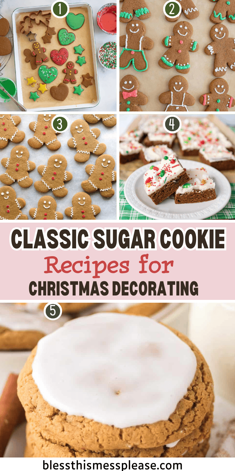 A collage shows decorated Christmas cookies: trays of frosted sugar cookies and gingerbread people, a plate of cookie bars with sprinkles, and a thick cookie with white icing. Text reads Classic Christmas Cookies Recipes for Decorating.