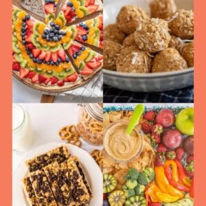 A collage of four healthy snack recipes: a fruit-topped dessert pizza, a bowl of oatmeal energy bites, granola bars with chocolate, and a colorful fruit and veggie platter with dip. Website: blessthismessplease.com.
