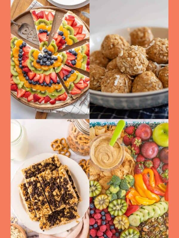 A collage of four healthy snack recipes: a fruit-topped dessert pizza, a bowl of oatmeal energy bites, granola bars with chocolate, and a colorful fruit and veggie platter with dip. Website: blessthismessplease.com.