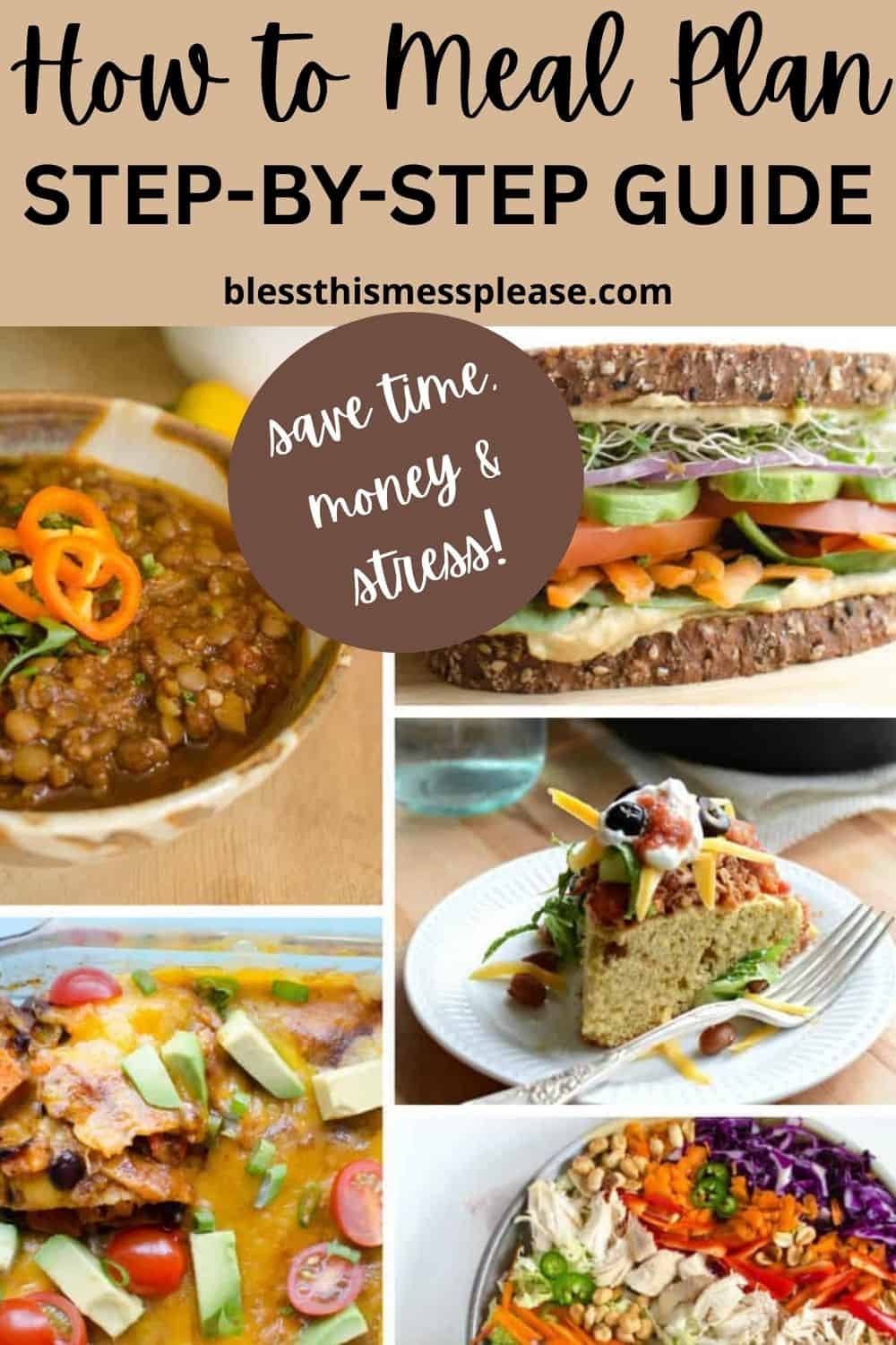 A collage of colorful meals, including lentil stew, veggie sandwich, vegetable soup, savory bread with toppings, and a salad. Text reads: How to Meal Plan Step-By-Step Guide. Save time, money & stress! blessthismessplease.com.