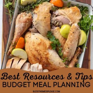 A roasted turkey cut into pieces is arranged in a pan with apples, oranges, and fresh herbs. Text overlay reads: Plan Meals on a Budget, Best Resources & Tips. blessthismessplease.com.
