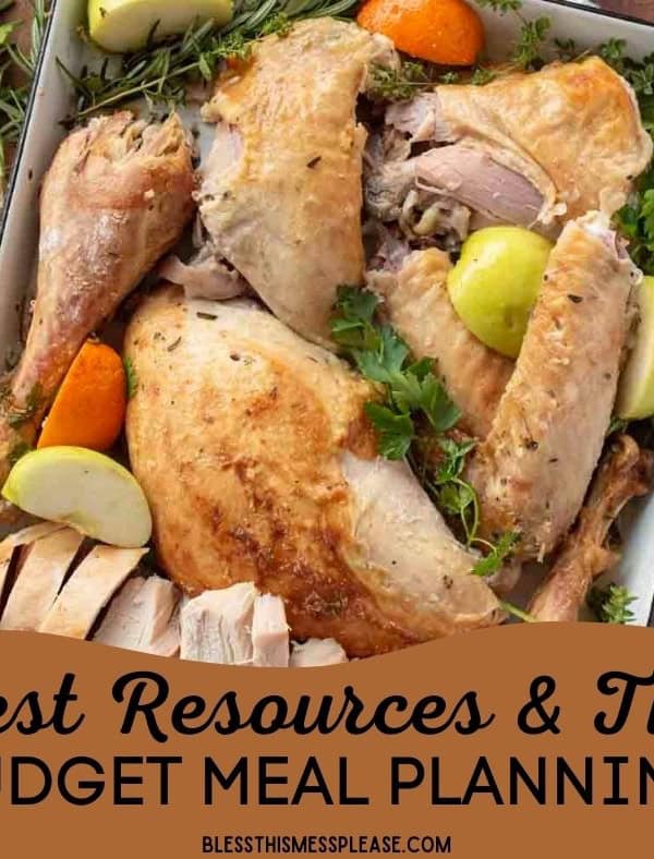 A roasted turkey cut into pieces is arranged in a pan with apples, oranges, and fresh herbs. Text overlay reads: Plan Meals on a Budget, Best Resources & Tips. blessthismessplease.com.
