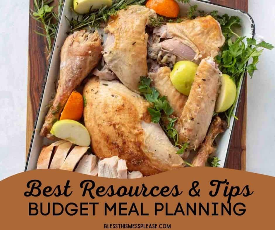 A roasted turkey cut into pieces is arranged in a pan with apples, oranges, and fresh herbs. Text overlay reads: Plan Meals on a Budget, Best Resources & Tips. blessthismessplease.com.