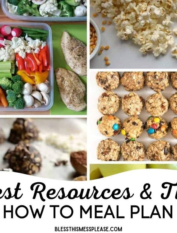 A collage shows meal prep containers with veggies, eggs, and chicken; popcorn scattered on a surface; two types of snack balls; and a title reading &ldquo;Best Resources & Tips: How to Meal Plan&rdquo; at the bottom.